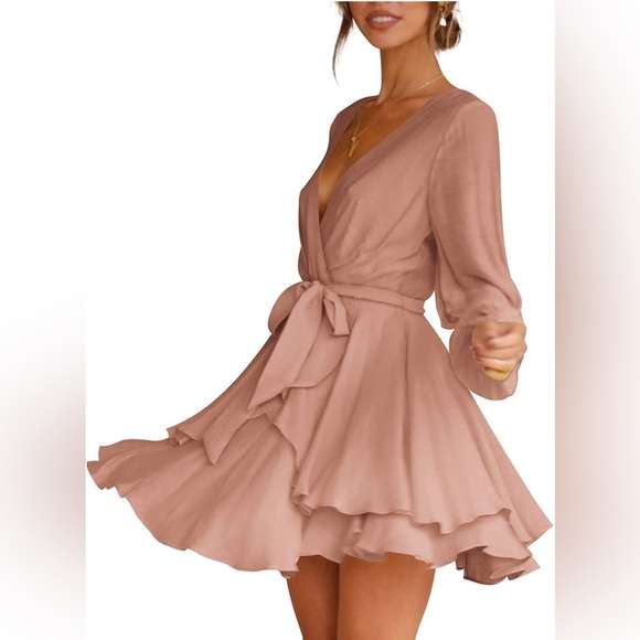 Deep V-Neck Long Sleeve Dress color Camel - Picture 3 of 5